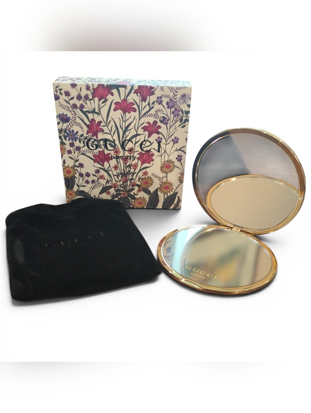 NIB Gucci Beauty Gold Flora Compact Mirror with Gift Box and Black Pouch